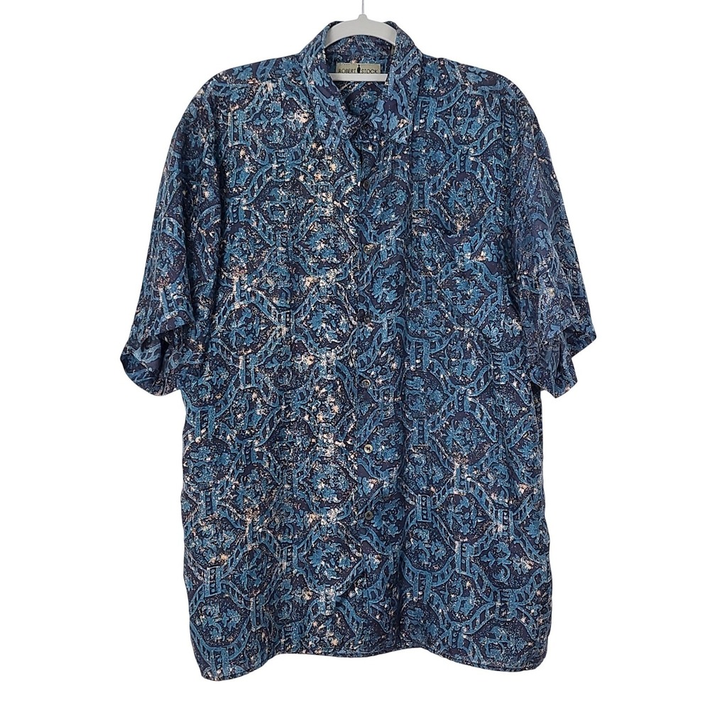Robert Stock 100% Silk Abstract Print Short Sleeve Button Up Shirt Mens Large